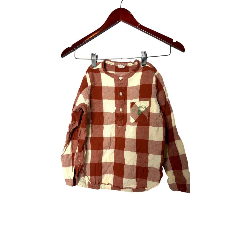 BonTon unisex kid 100% cotton rusty red and cream plaid shirt sz 8yo